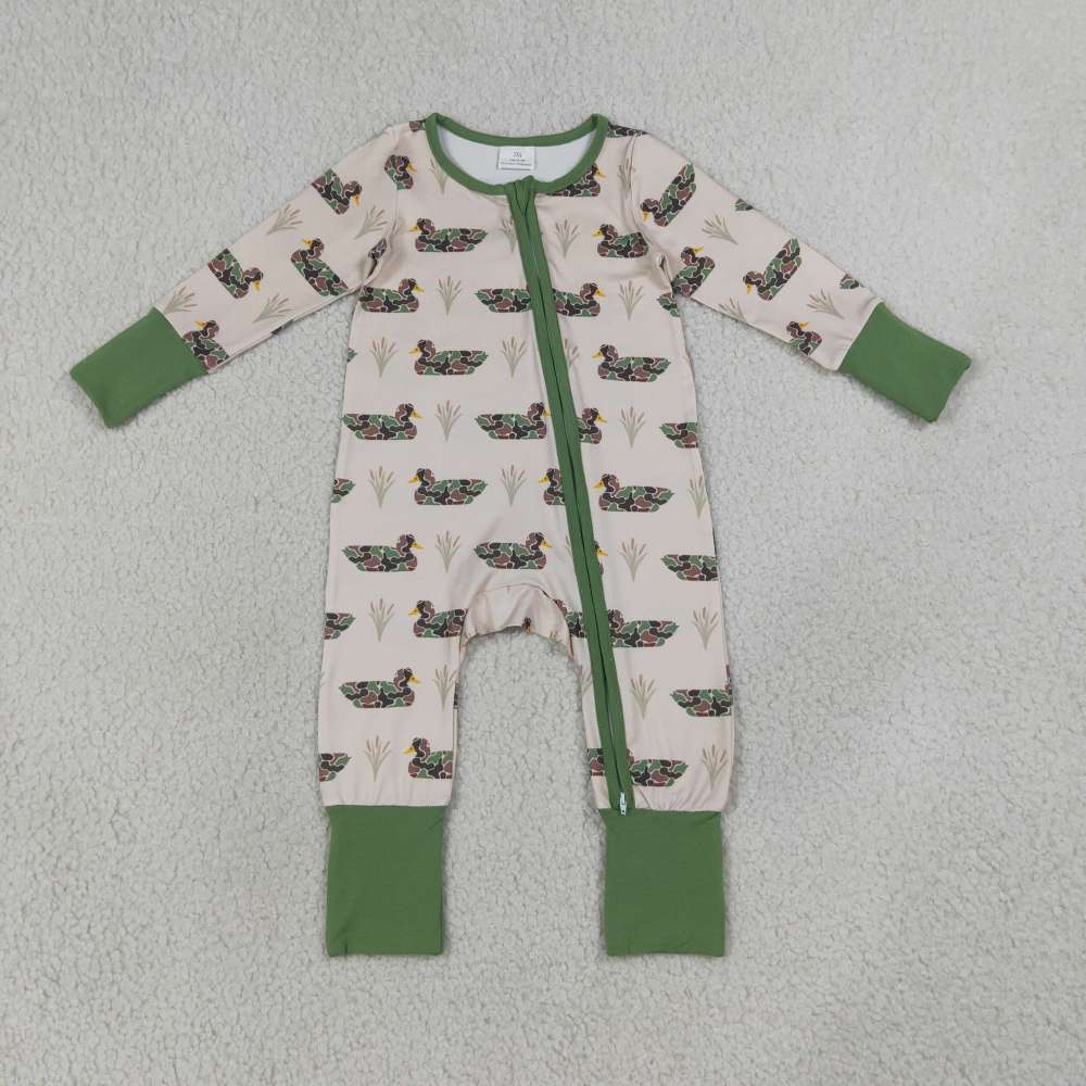 LR3117  Baby Green duck  print long sleeve Rompers