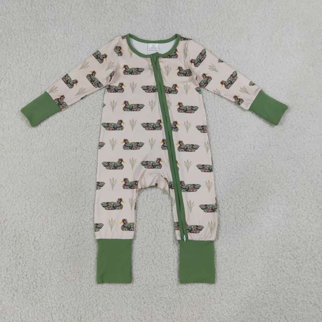 LR3117  Baby Green duck  print long sleeve Rompers