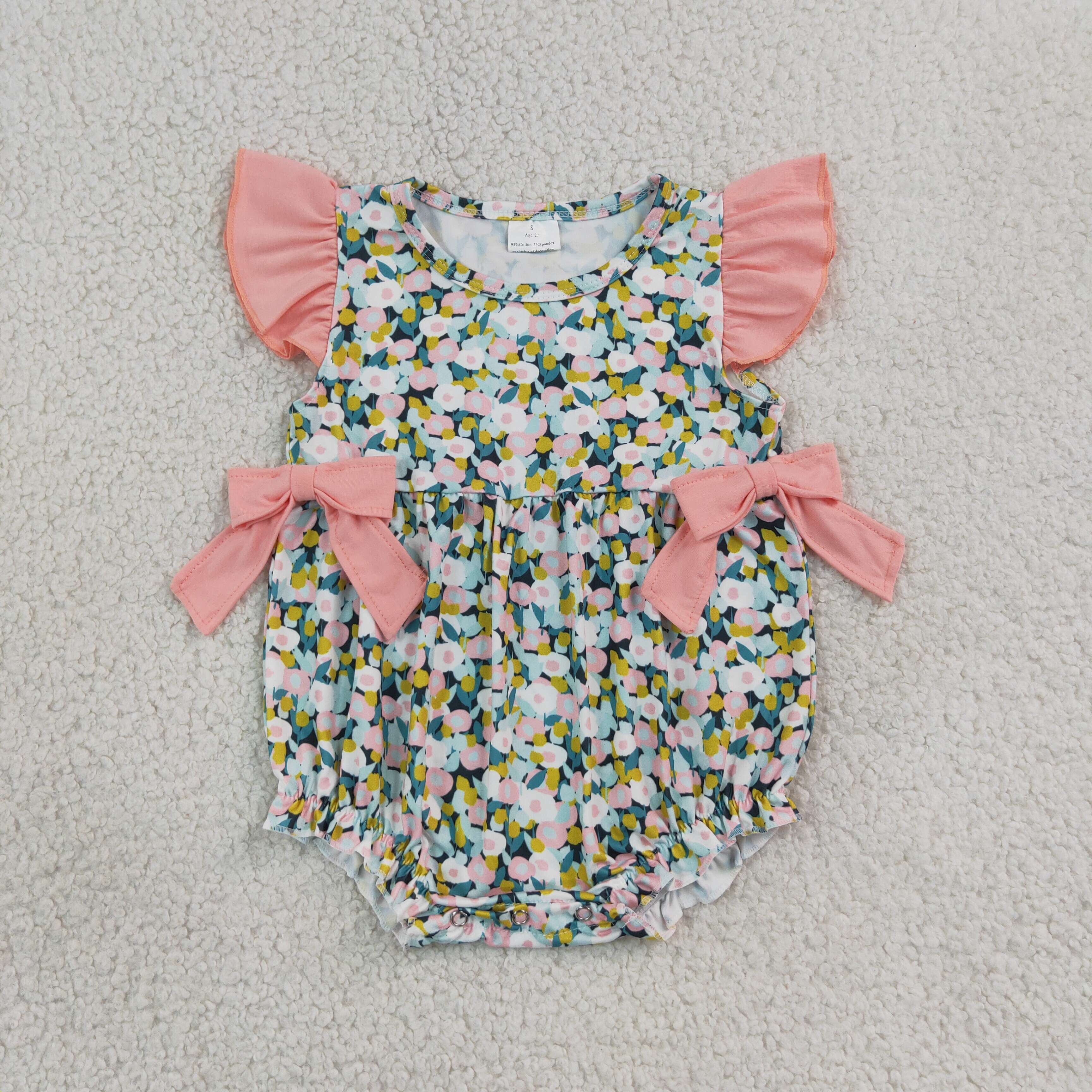 SR4125  Baby Pink flowers flying sleeve Rompers