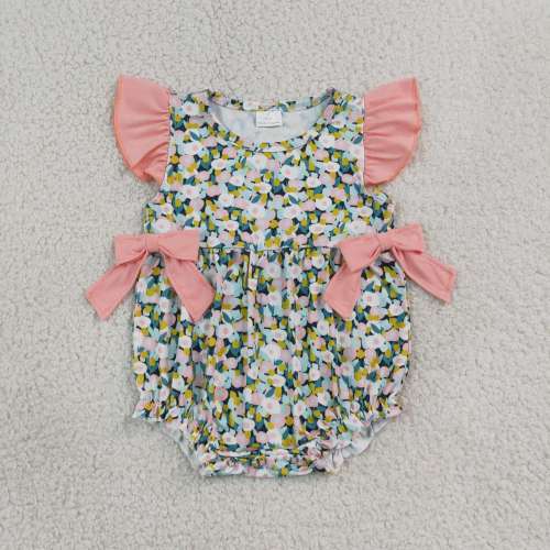 SR4125  Baby Pink flowers flying sleeve Rompers