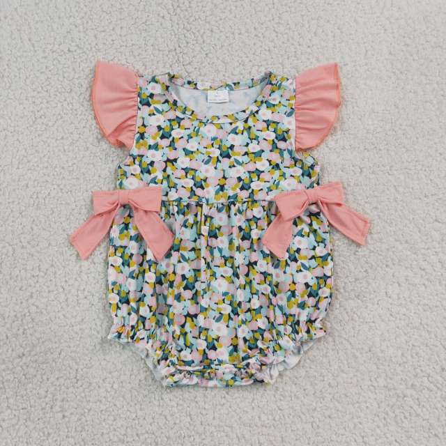 SR4125  Baby Pink flowers flying sleeve Rompers