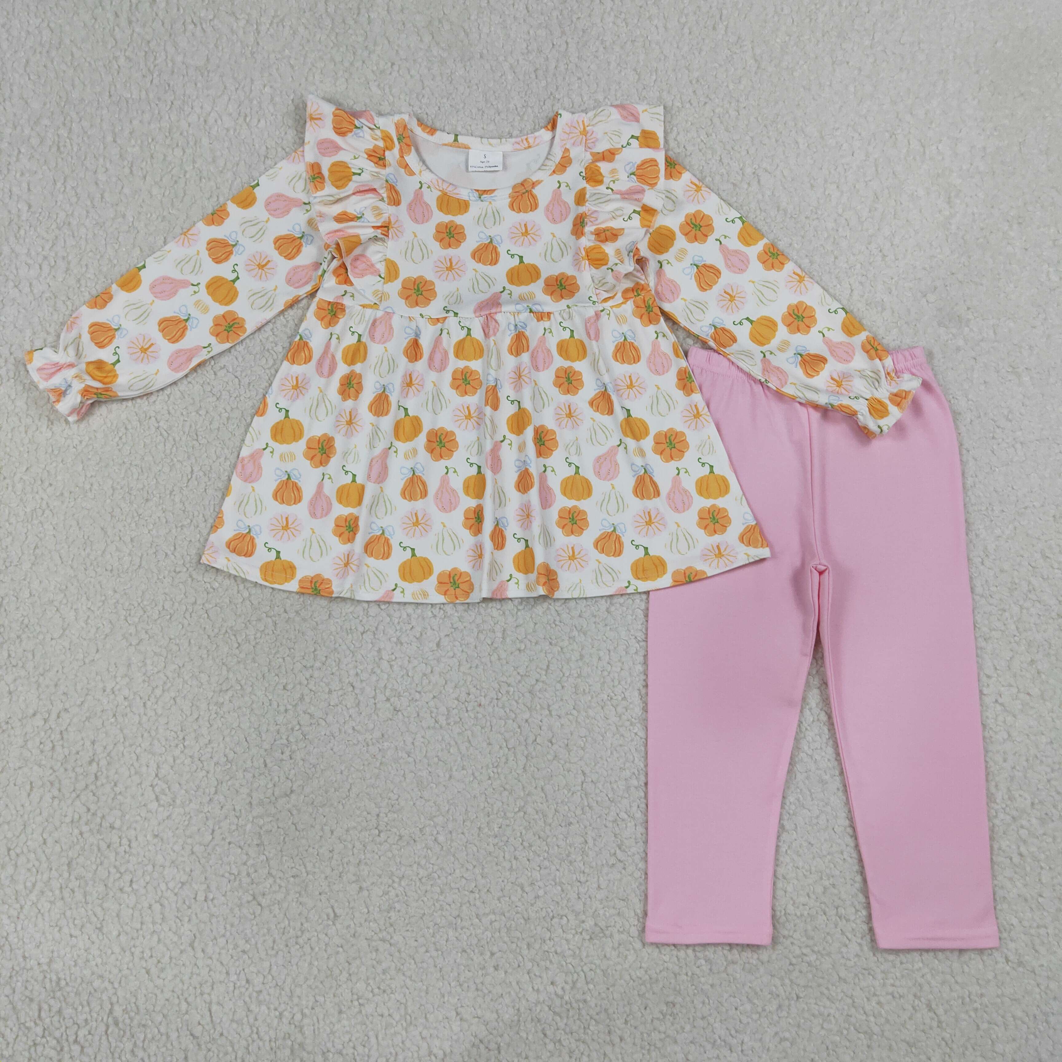 GLP3408  orange pumpkin Pink bows Print long  sleeve girl fall outfits