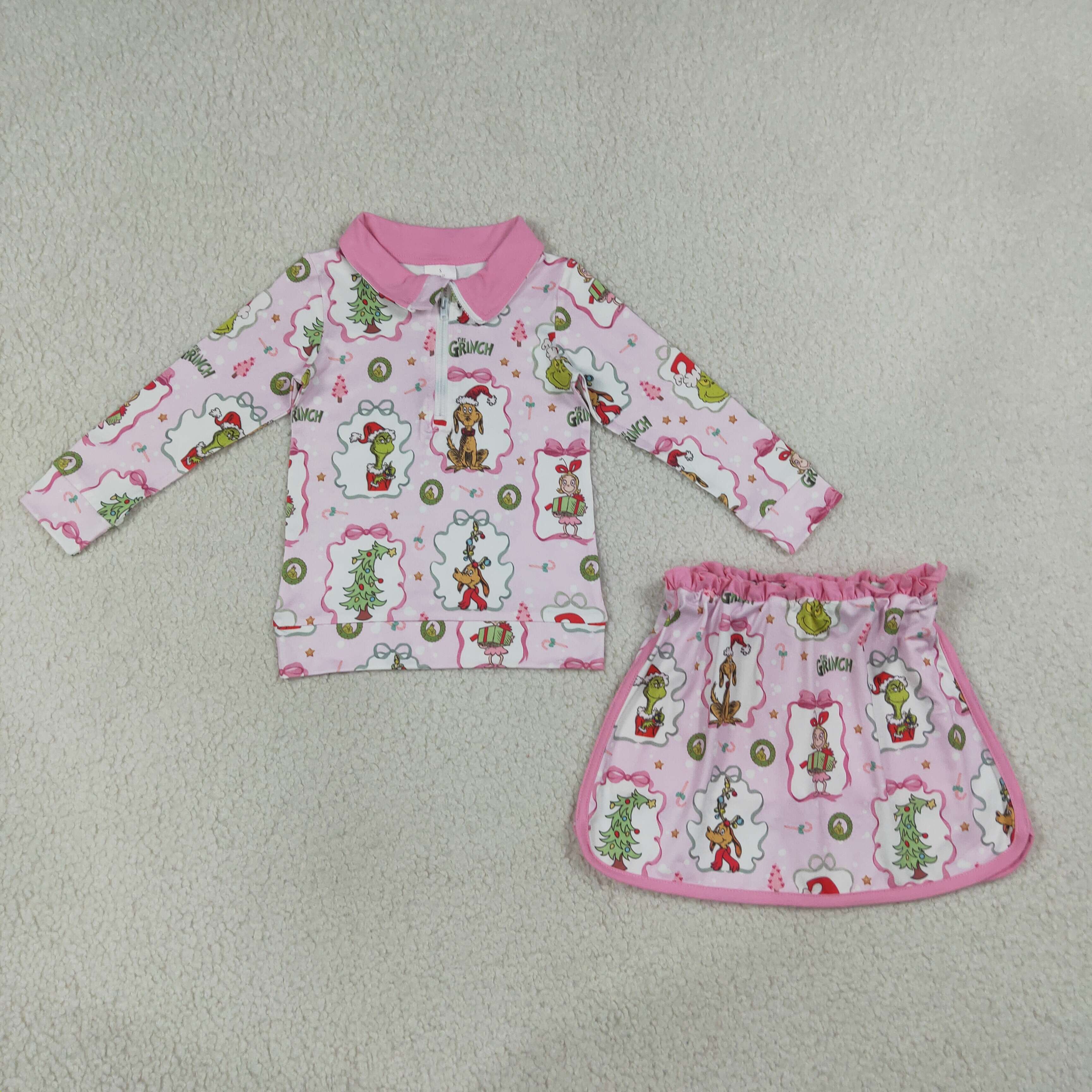GLD1609 pink Christmas tree print Zipper Long Sleeve Skirt Set