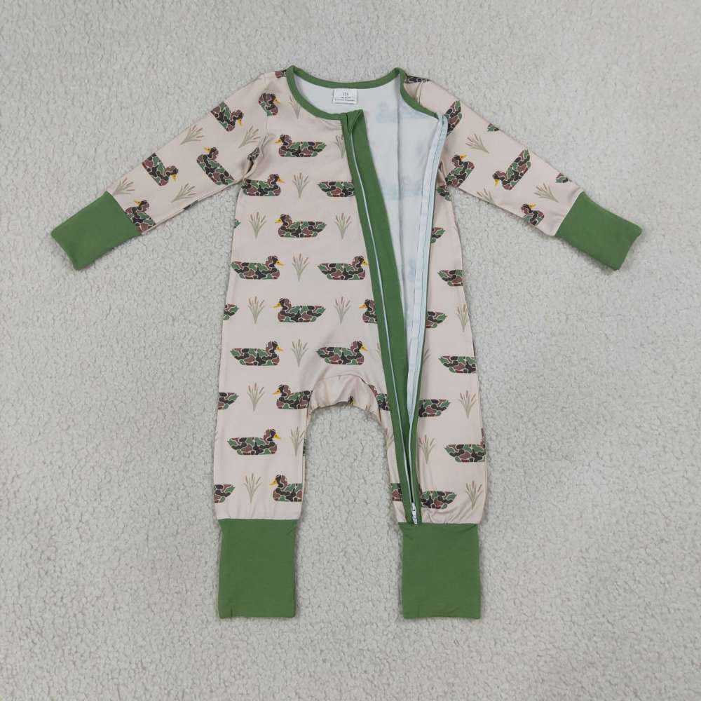 LR3117  Baby Green duck  print long sleeve Rompers