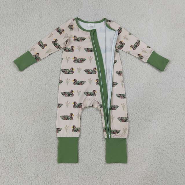 LR3117  Baby Green duck  print long sleeve Rompers