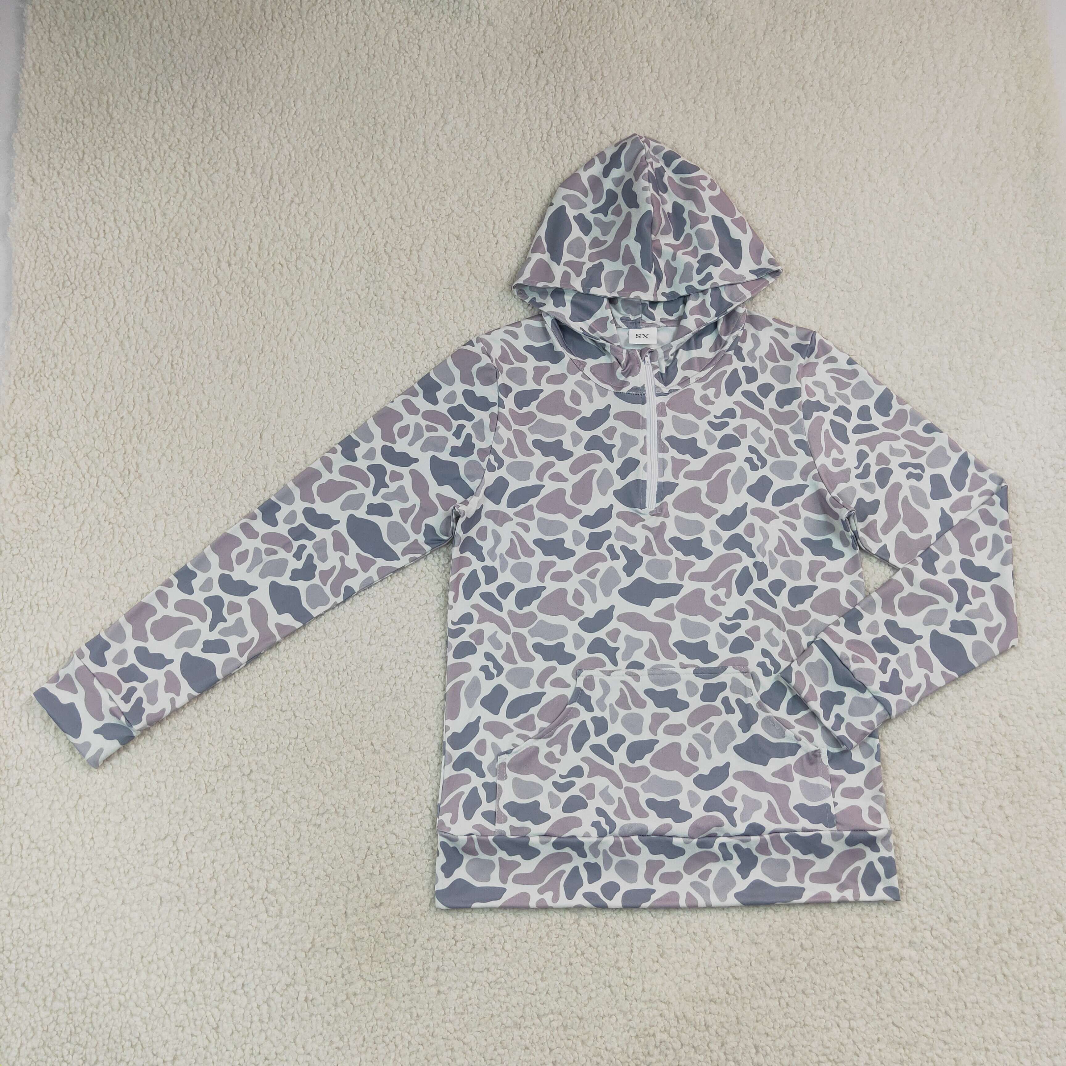 GT1708   Adult Women grey camo long sleeve  hoodie pocket pullover