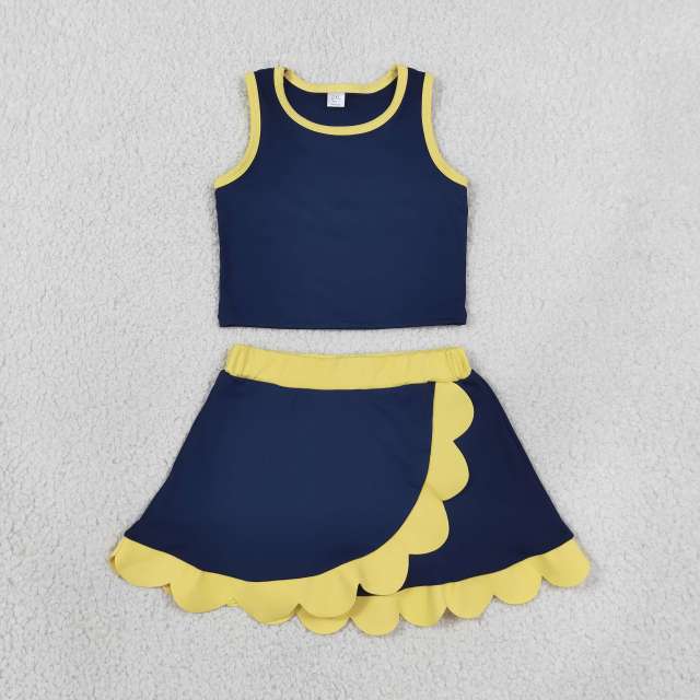 GSD4111 NAVY yellow trim print active girl yoga skirt team scallop dress
