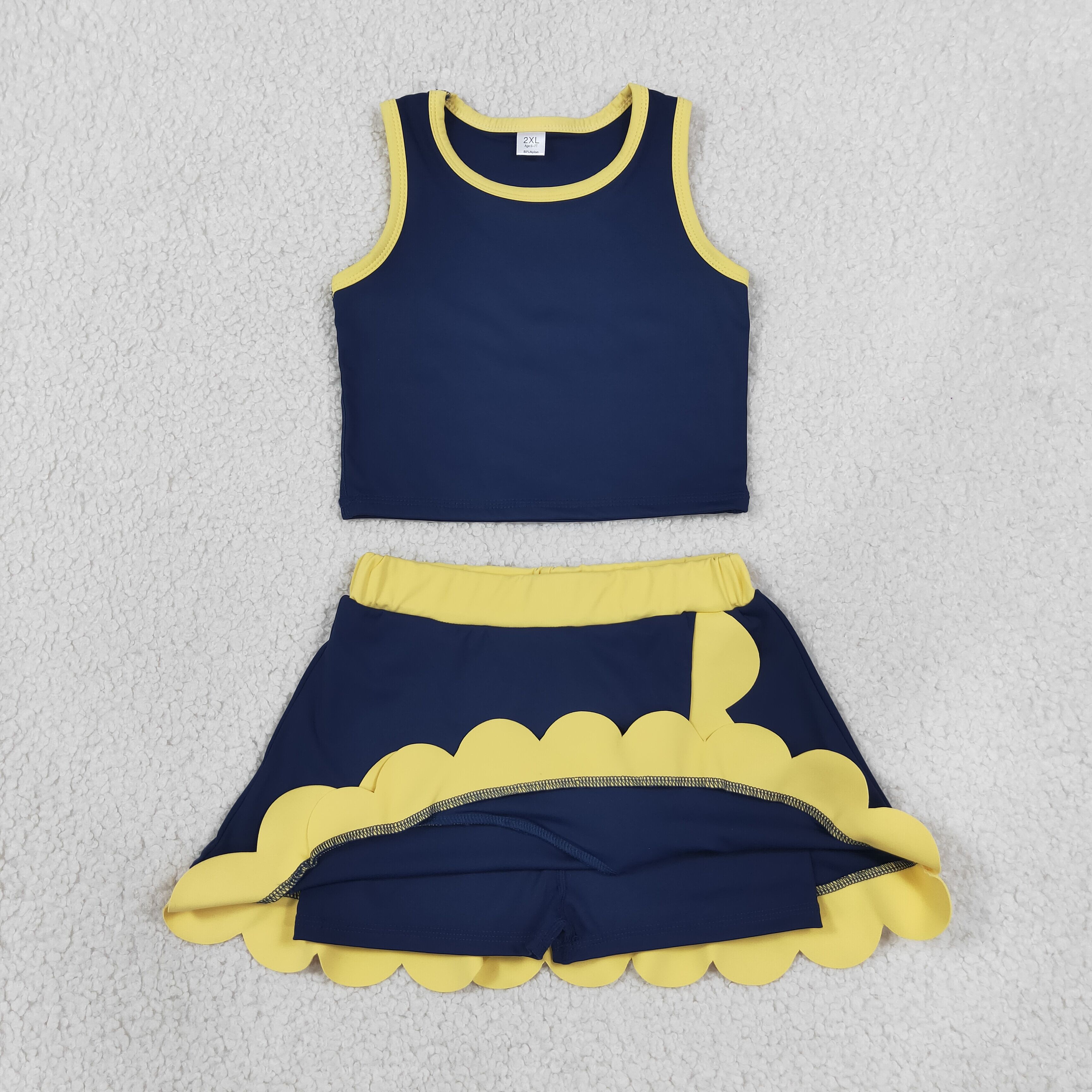 GSD4111 NAVY yellow trim print active girl yoga skirt team scallop dress