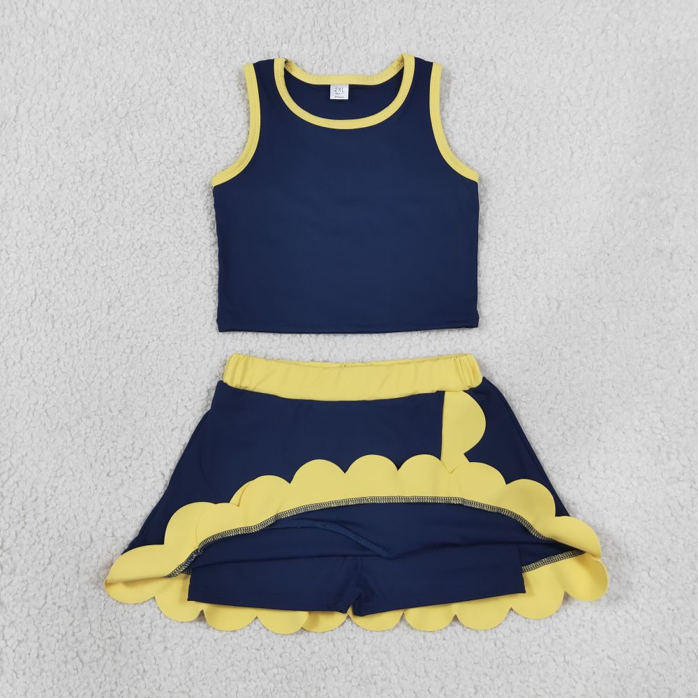 GSD4111 NAVY yellow trim print active girl yoga skirt team scallop dress