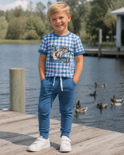 BSPO0690  RTS Blue plaid duck print short sleeve boy outfits