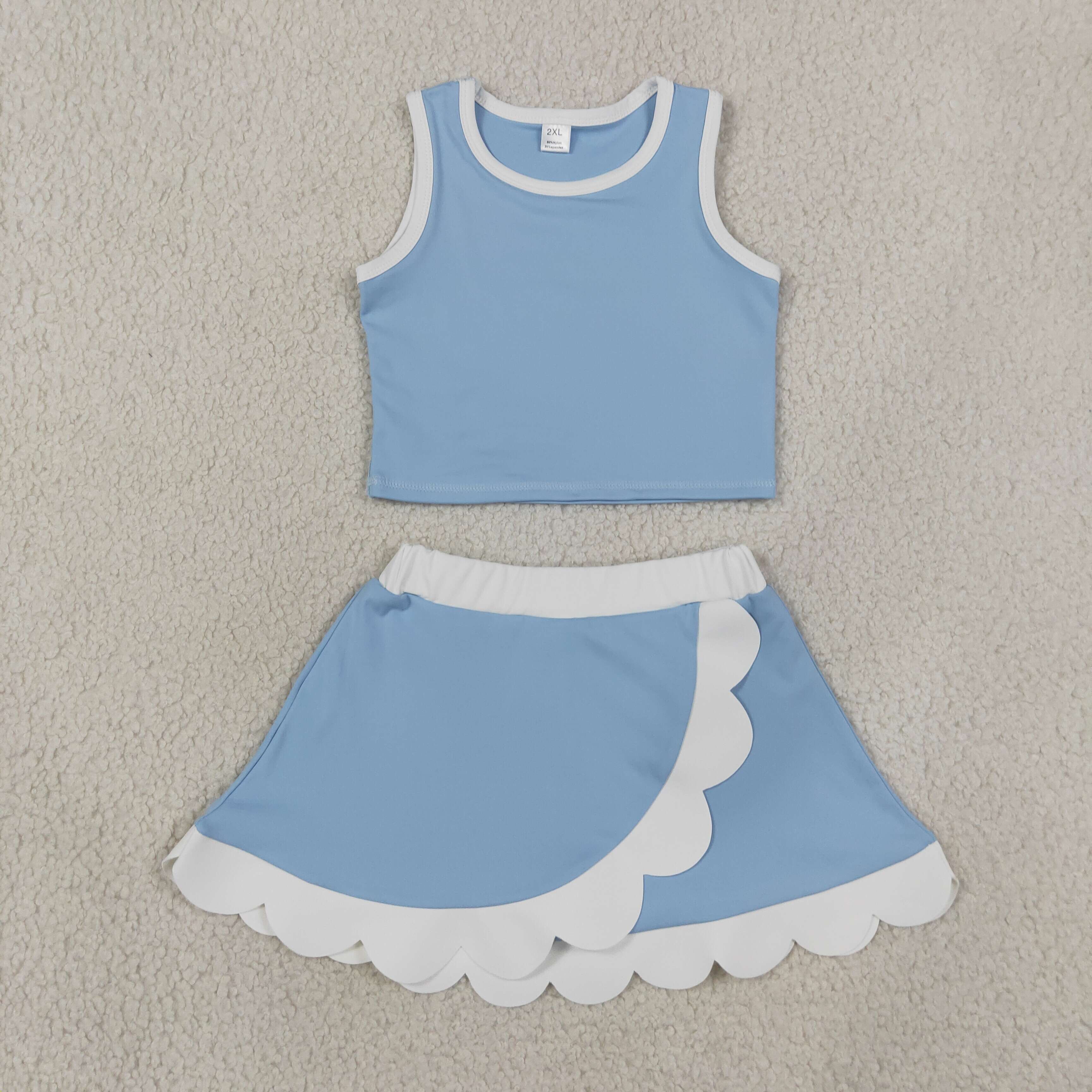 GSD4084  SKY blue white trim print active girl yoga skirt sleeveless dress