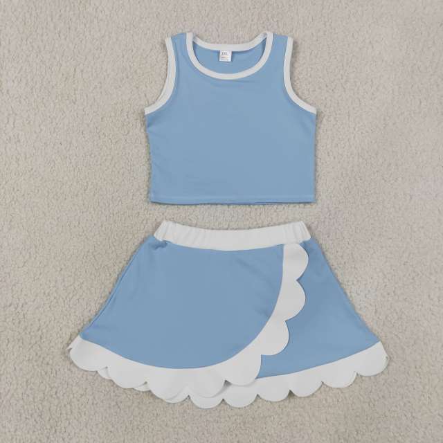 GSD4084  SKY blue white trim print active girl yoga skirt sleeveless dress