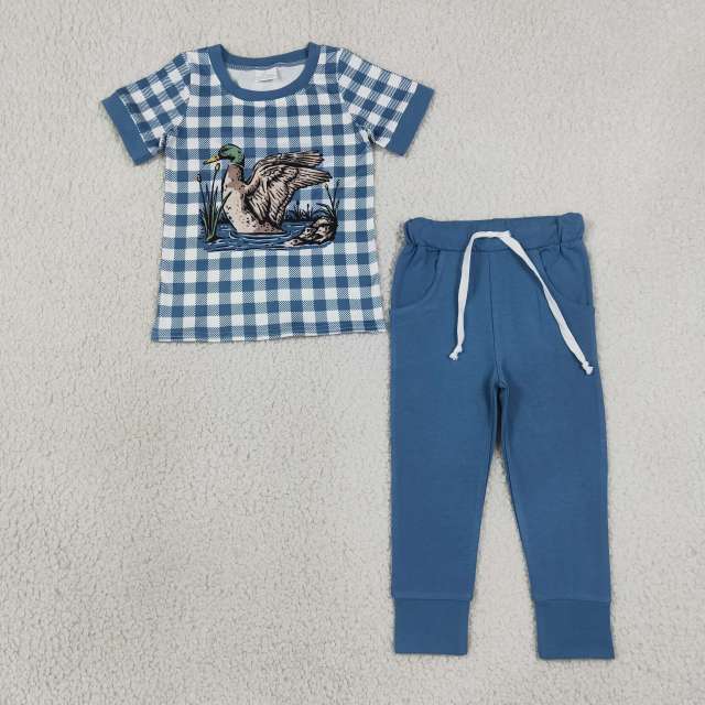 BSPO0690  RTS Blue plaid duck print short sleeve boy outfits