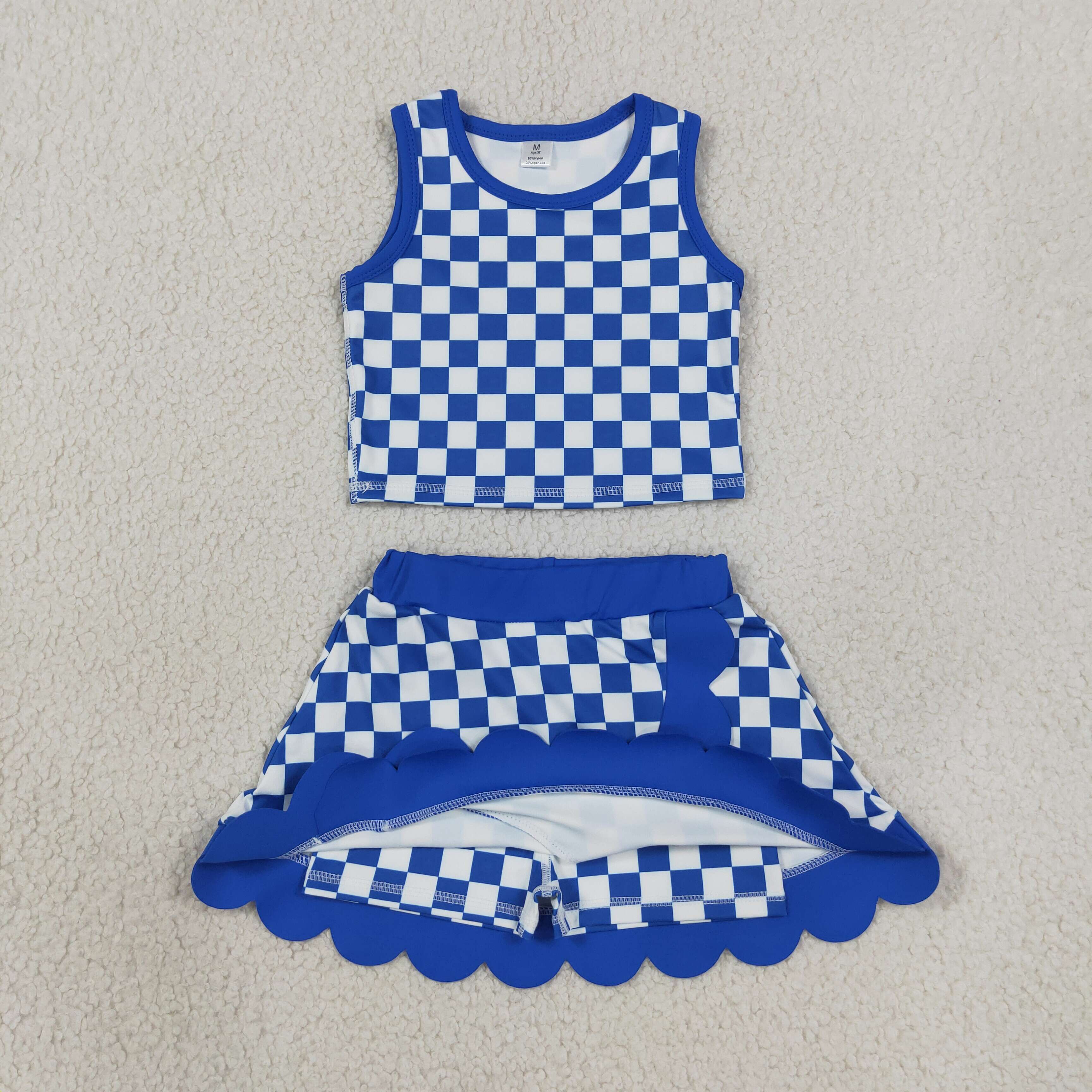GSD4110  blue white plaid scallop print active girl yoga skirt team scallop dress