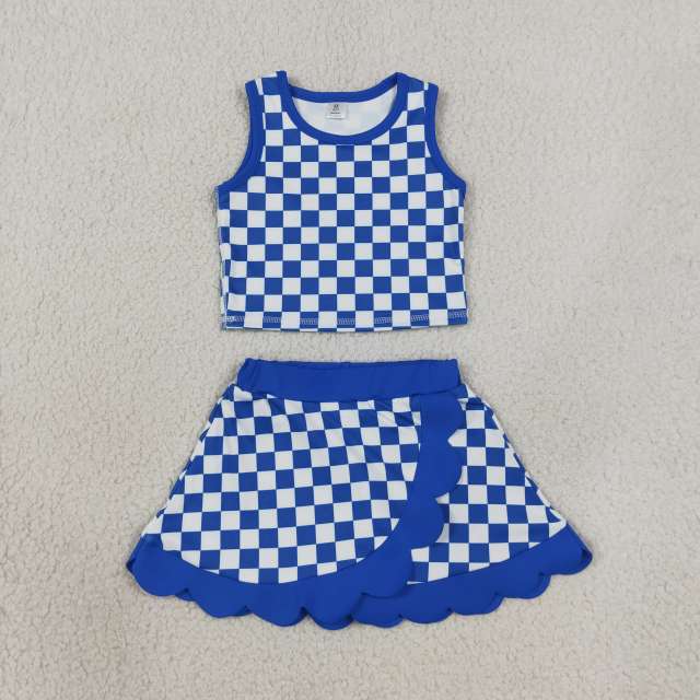 GSD4110  blue white plaid scallop print active girl yoga skirt team scallop dress