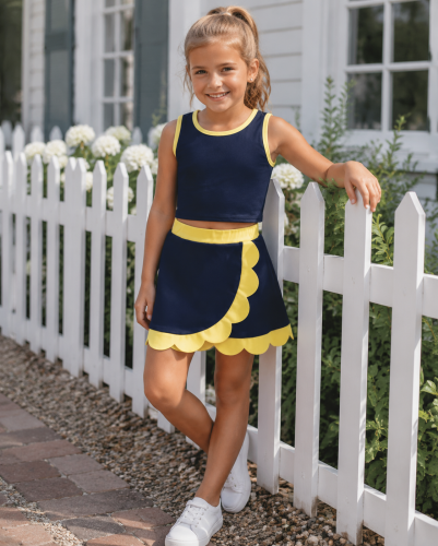 GSD4111 NAVY yellow trim print active girl yoga skirt team scallop dress