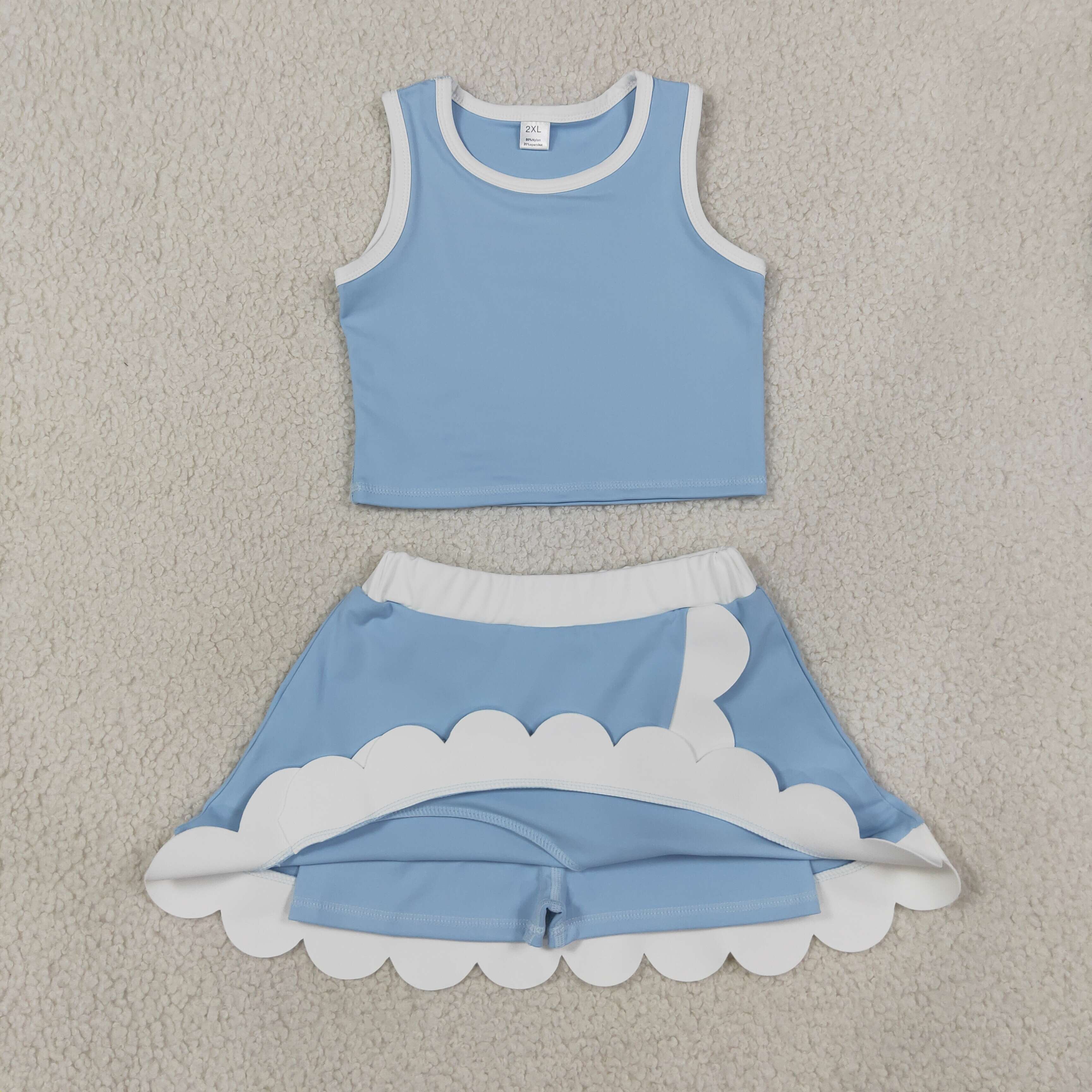 GSD4084  SKY blue white trim print active girl yoga skirt sleeveless dress