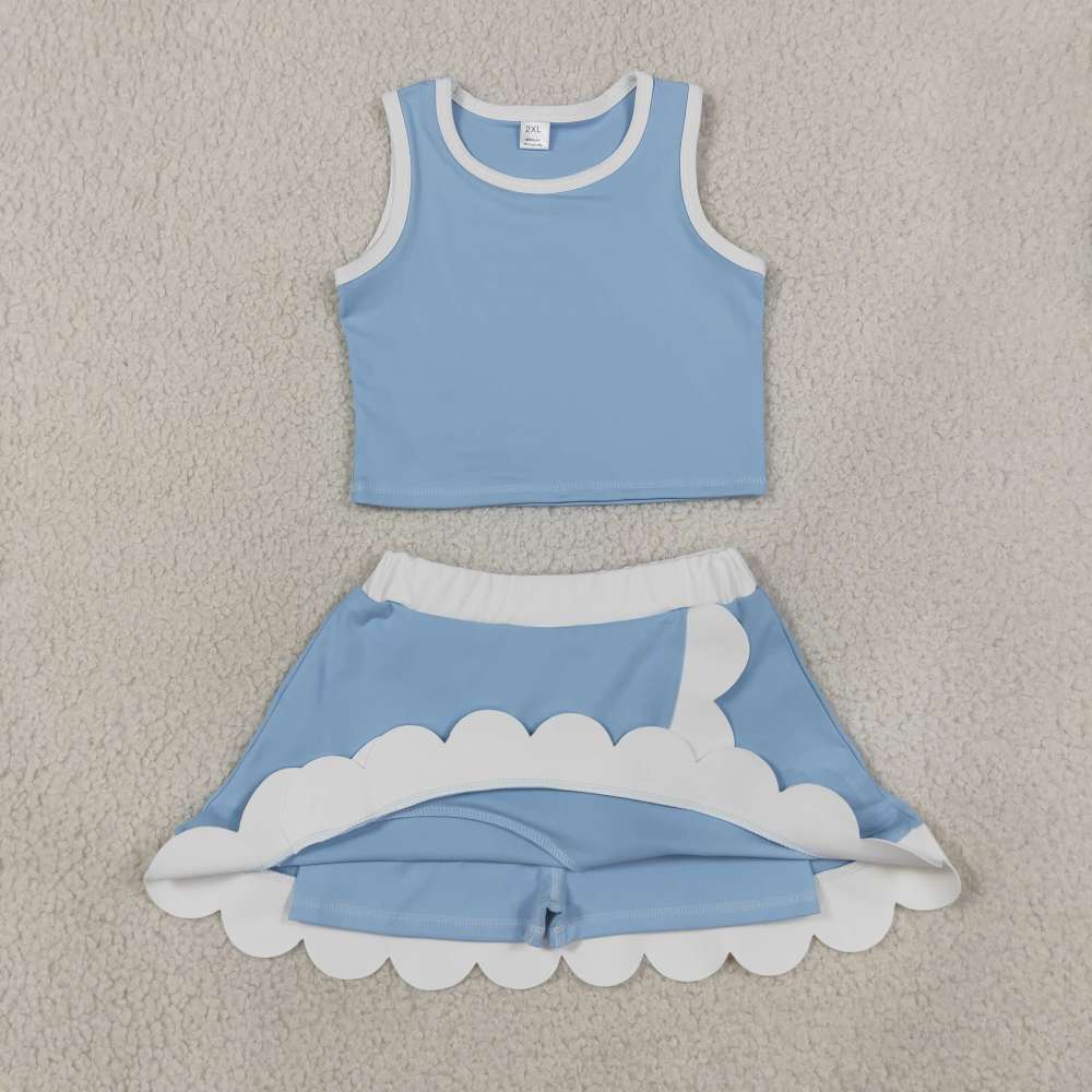 GSD4084  SKY blue white trim print active girl yoga skirt sleeveless dress