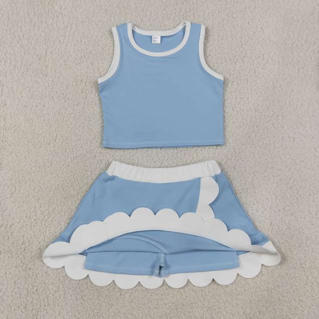GSD4084  SKY blue white trim print active girl yoga skirt sleeveless dress