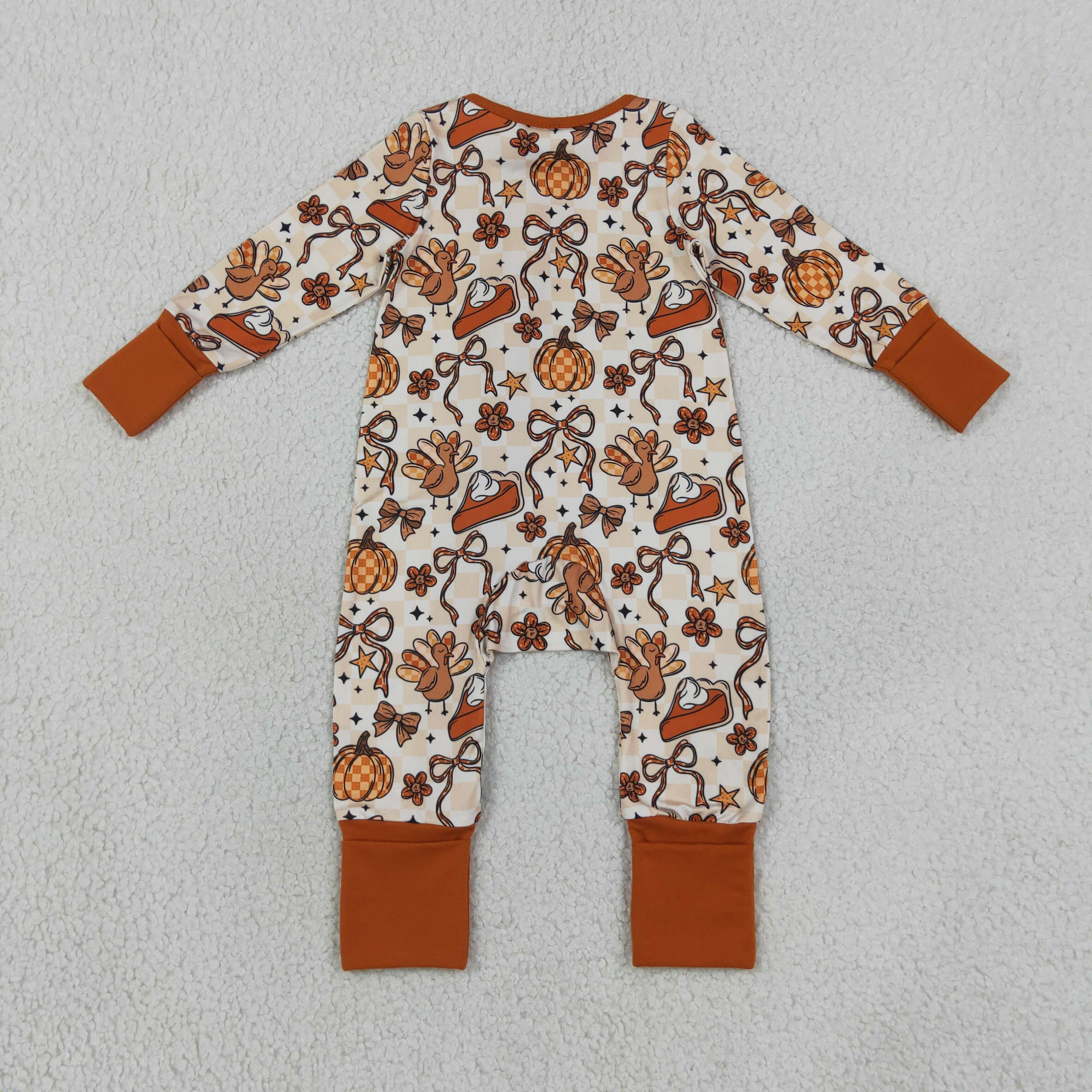 LR3119  Baby Pumpkin bows stars Turkey print long sleeve thanksgiving Rompers