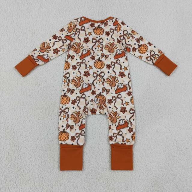 LR3119  Baby Pumpkin bows stars Turkey print long sleeve thanksgiving Rompers