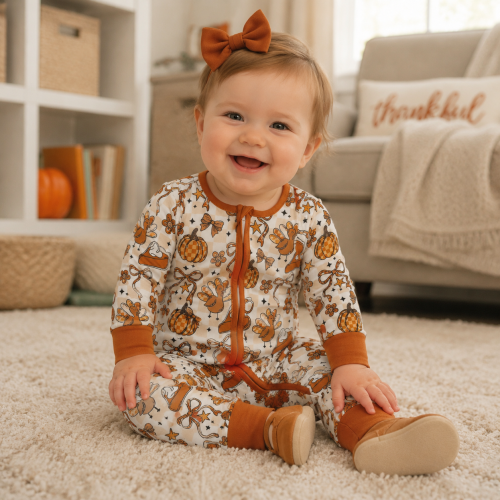 LR3119  Baby Pumpkin bows stars Turkey print long sleeve thanksgiving Rompers