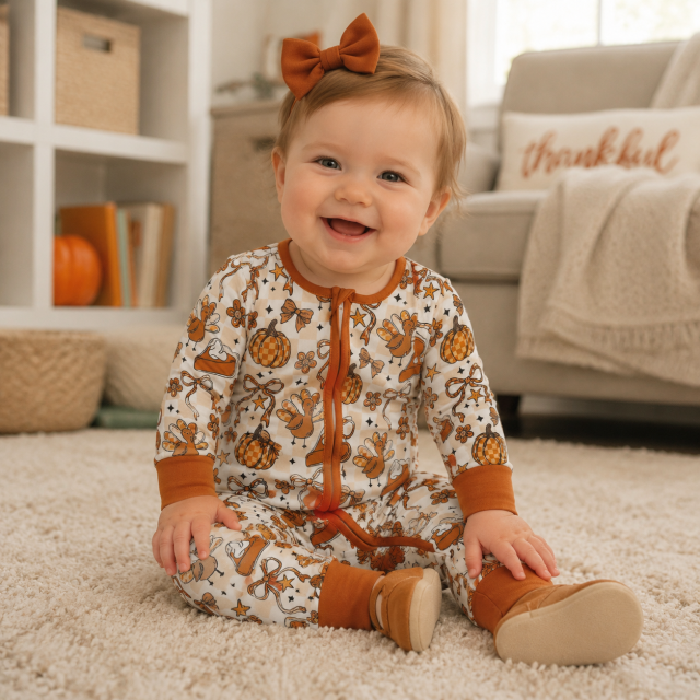LR3119  Baby Pumpkin bows stars Turkey print long sleeve thanksgiving Rompers