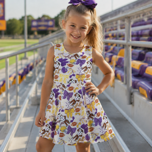 GSD3801 RTS Baseball yellow purple bows print active girl yoga team dress