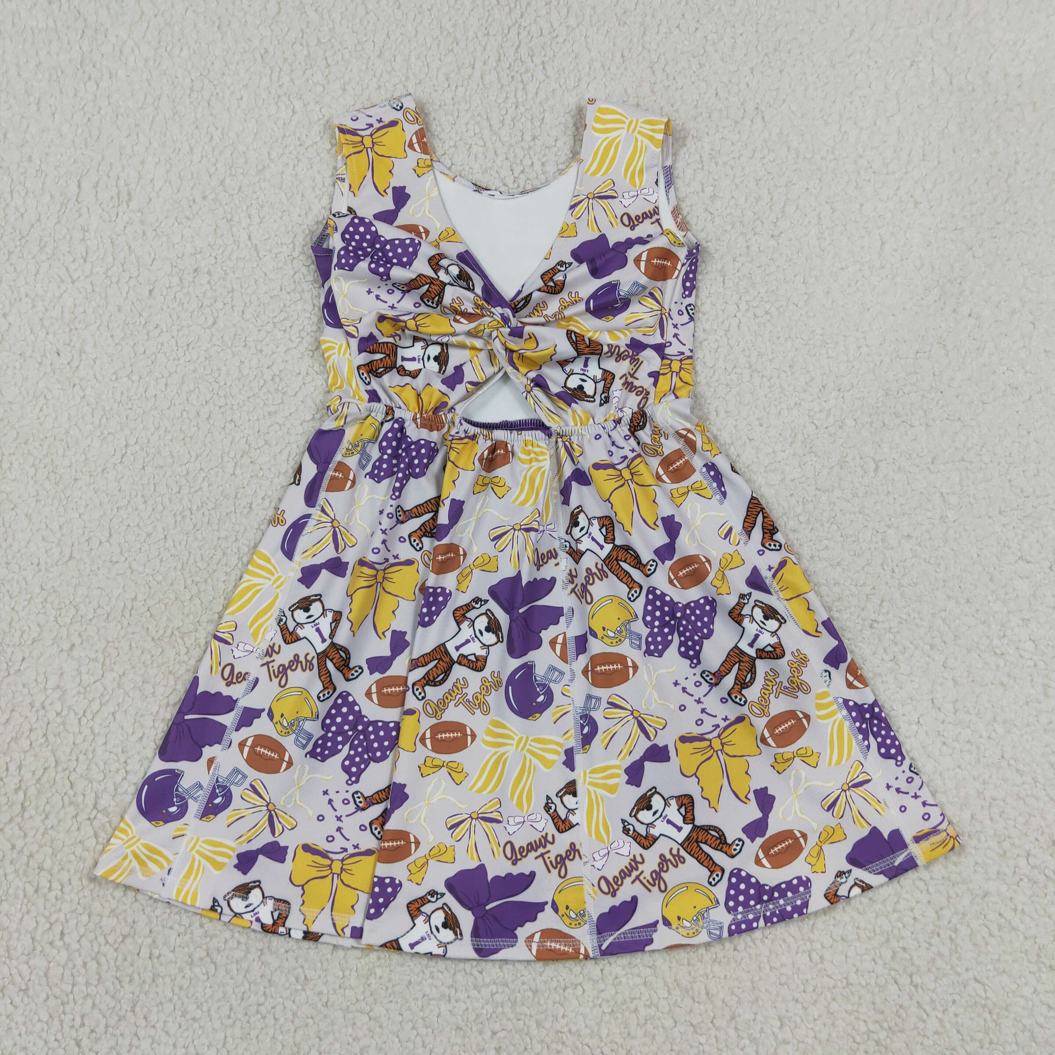 GSD3801 RTS Baseball yellow purple bows print active girl yoga team dress