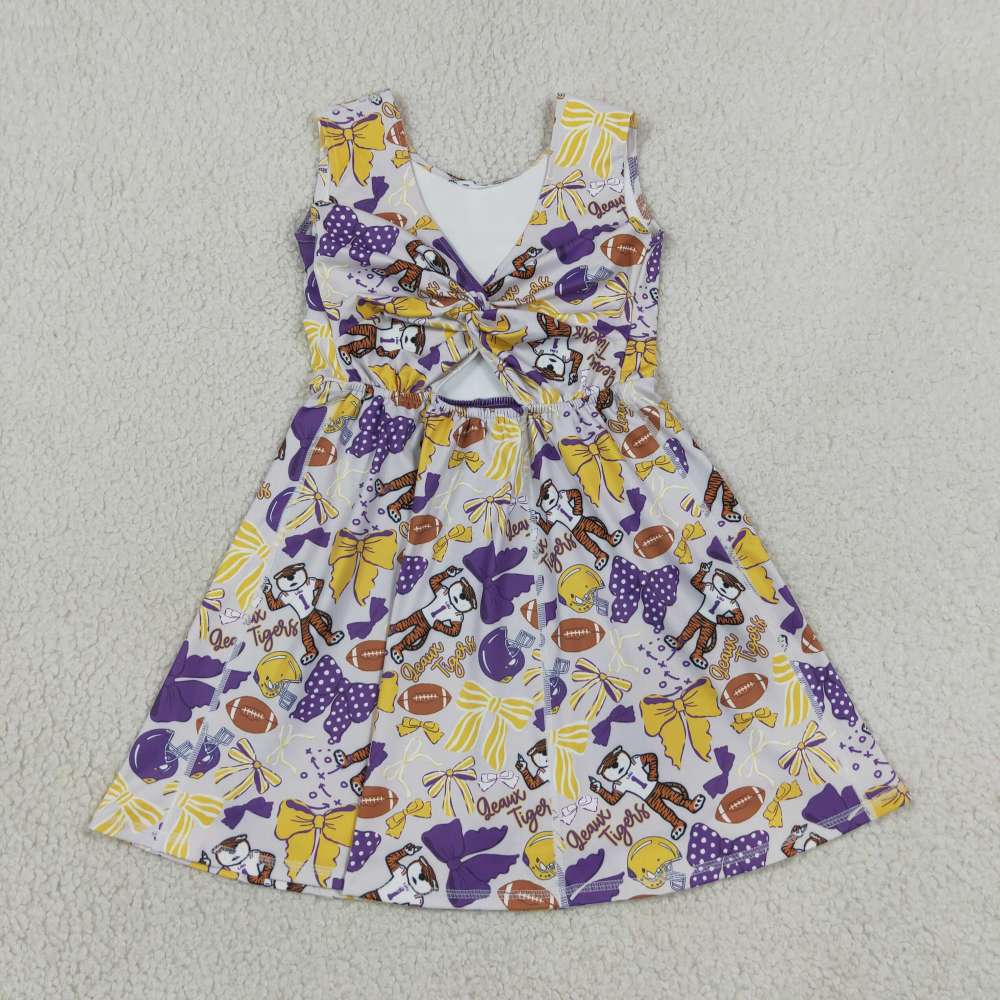 GSD3801 RTS Baseball yellow purple bows print active girl yoga team dress