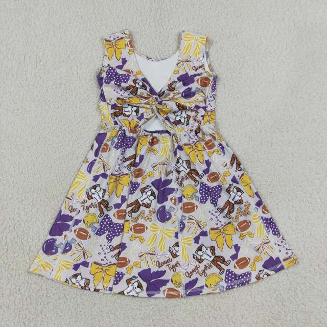 GSD3801 RTS Baseball yellow purple bows print active girl yoga team dress