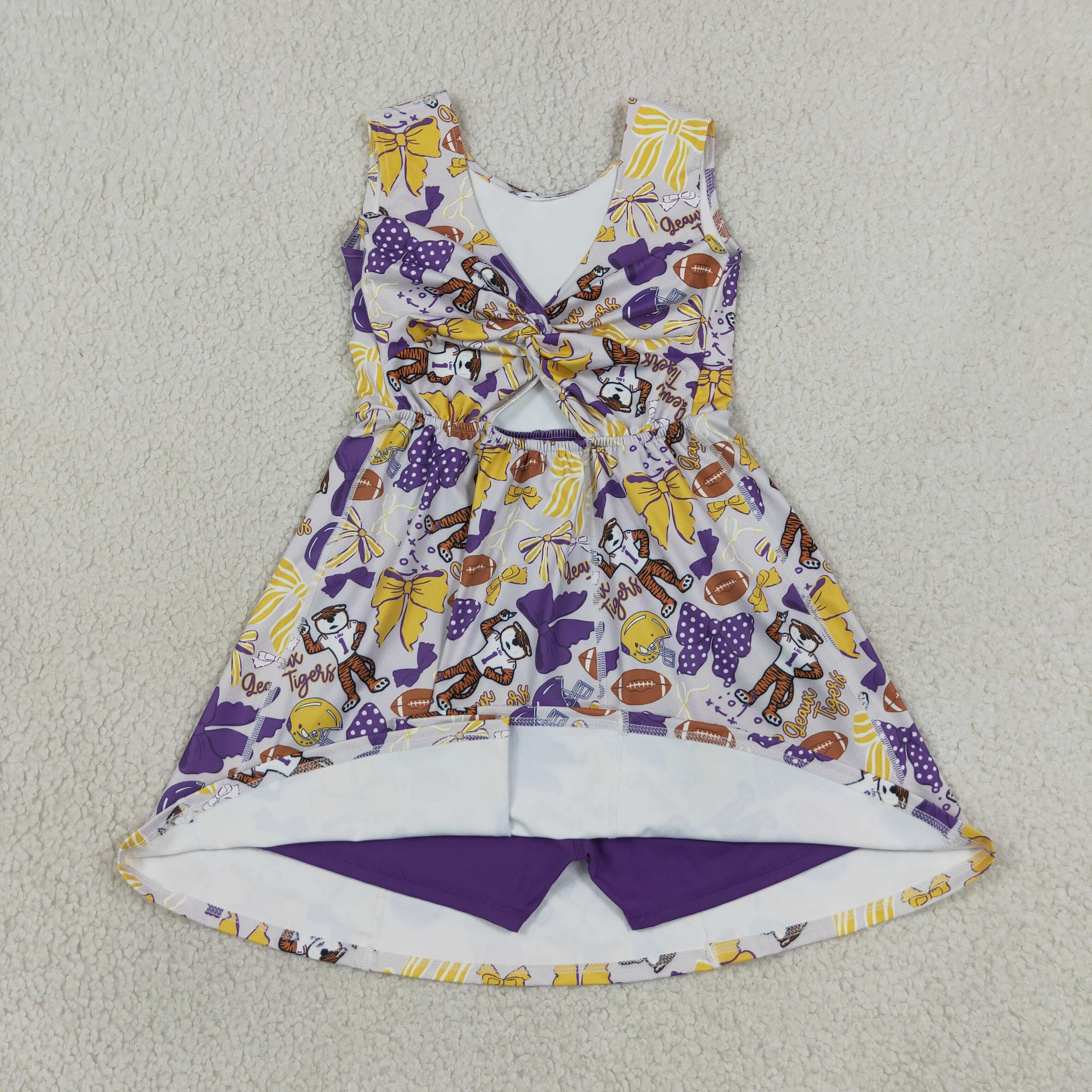 GSD3801 RTS Baseball yellow purple bows print active girl yoga team dress