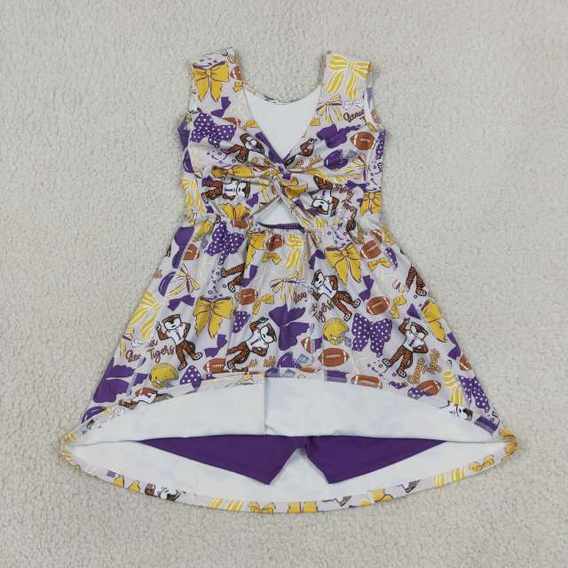 GSD3801 RTS Baseball yellow purple bows print active girl yoga team dress
