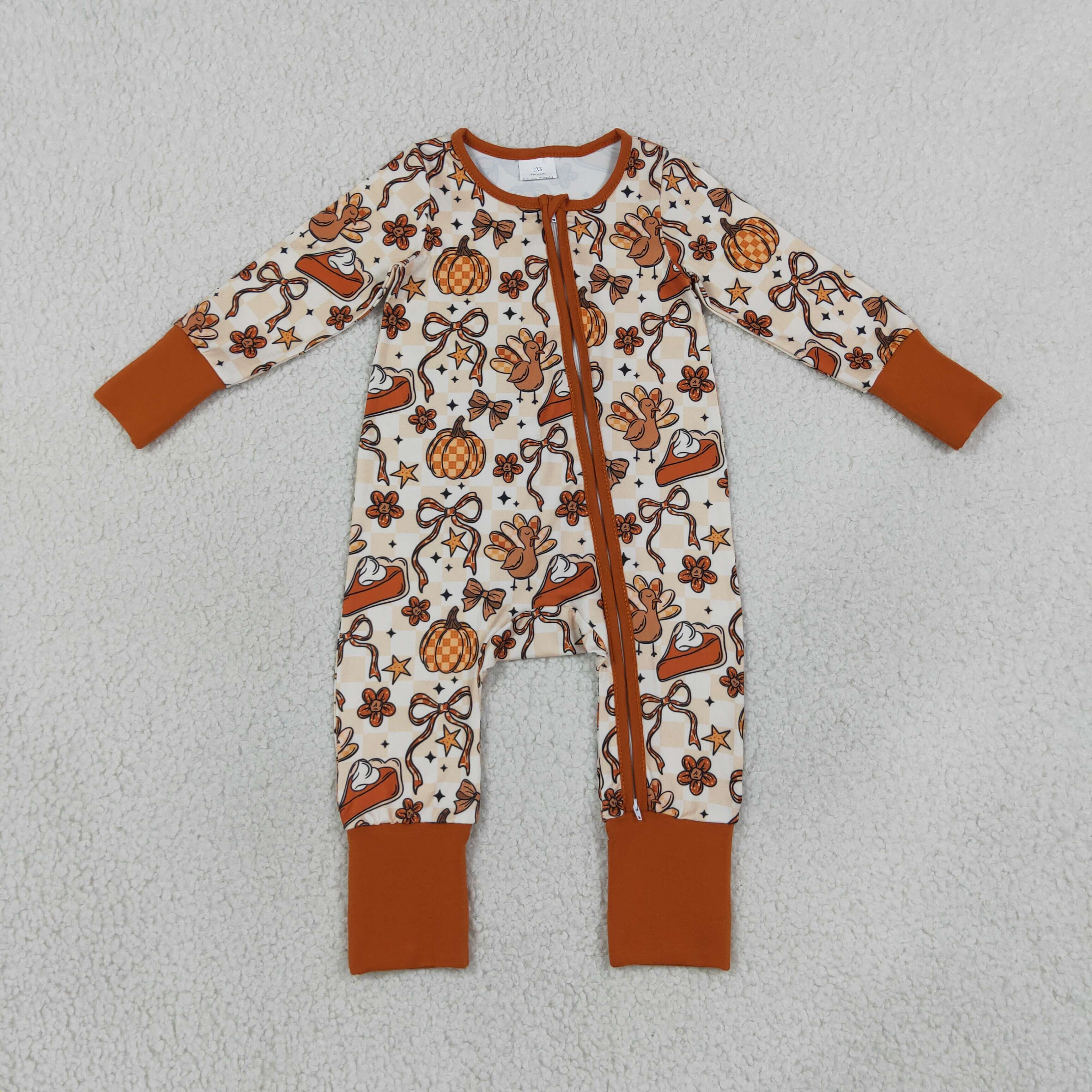 LR3119  Baby Pumpkin bows stars Turkey print long sleeve thanksgiving Rompers