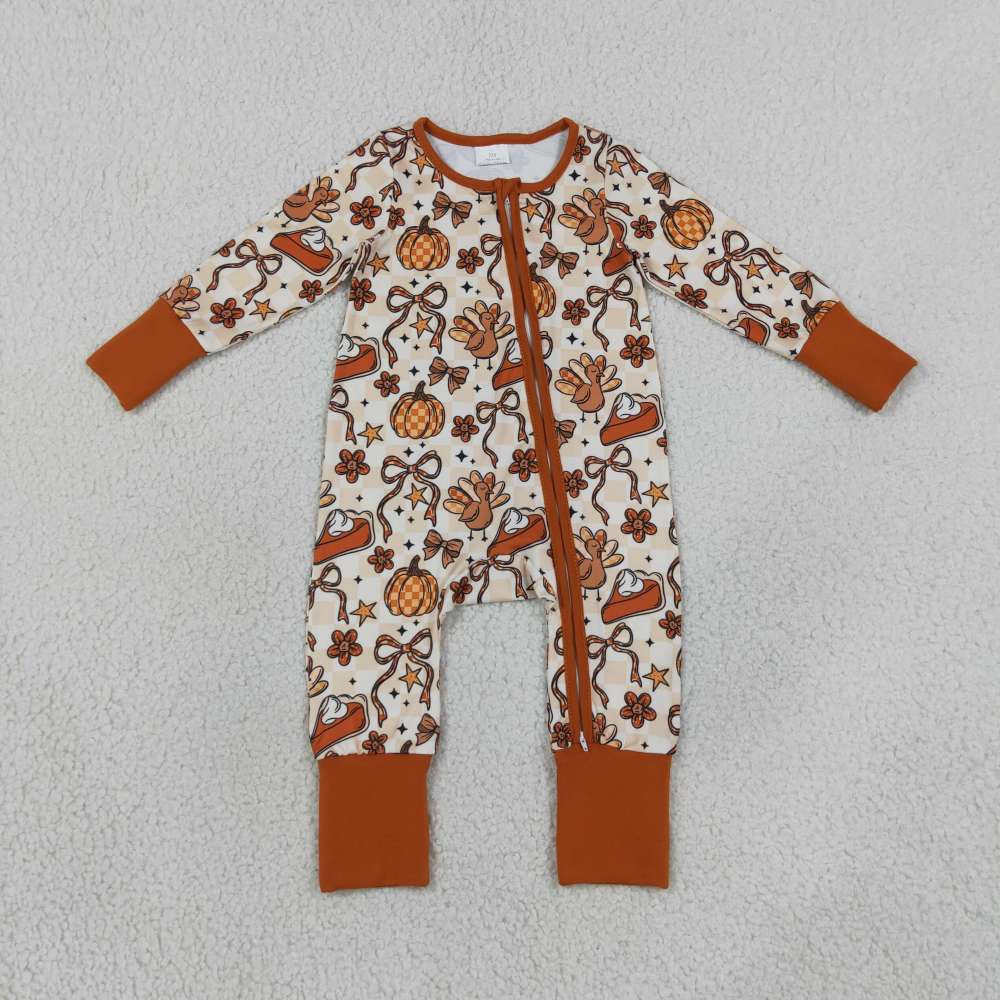 LR3119  Baby Pumpkin bows stars Turkey print long sleeve thanksgiving Rompers