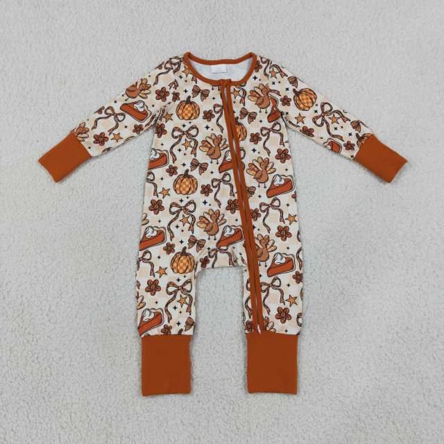 LR3119  Baby Pumpkin bows stars Turkey print long sleeve thanksgiving Rompers