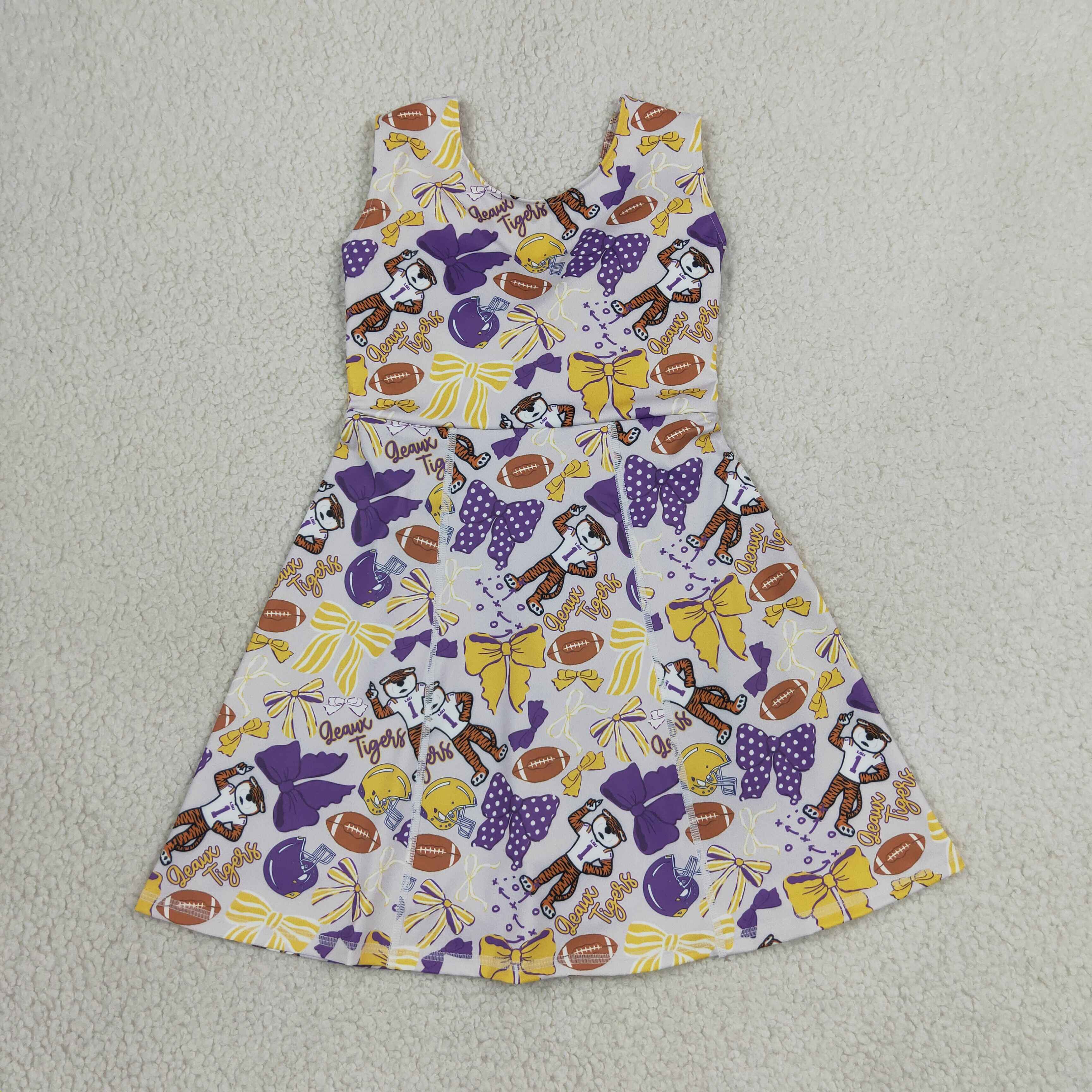 GSD3801 RTS Baseball yellow purple bows print active girl yoga team dress
