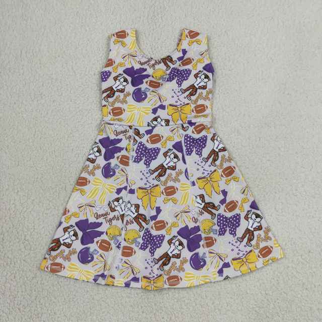 GSD3801 RTS Baseball yellow purple bows print active girl yoga team dress