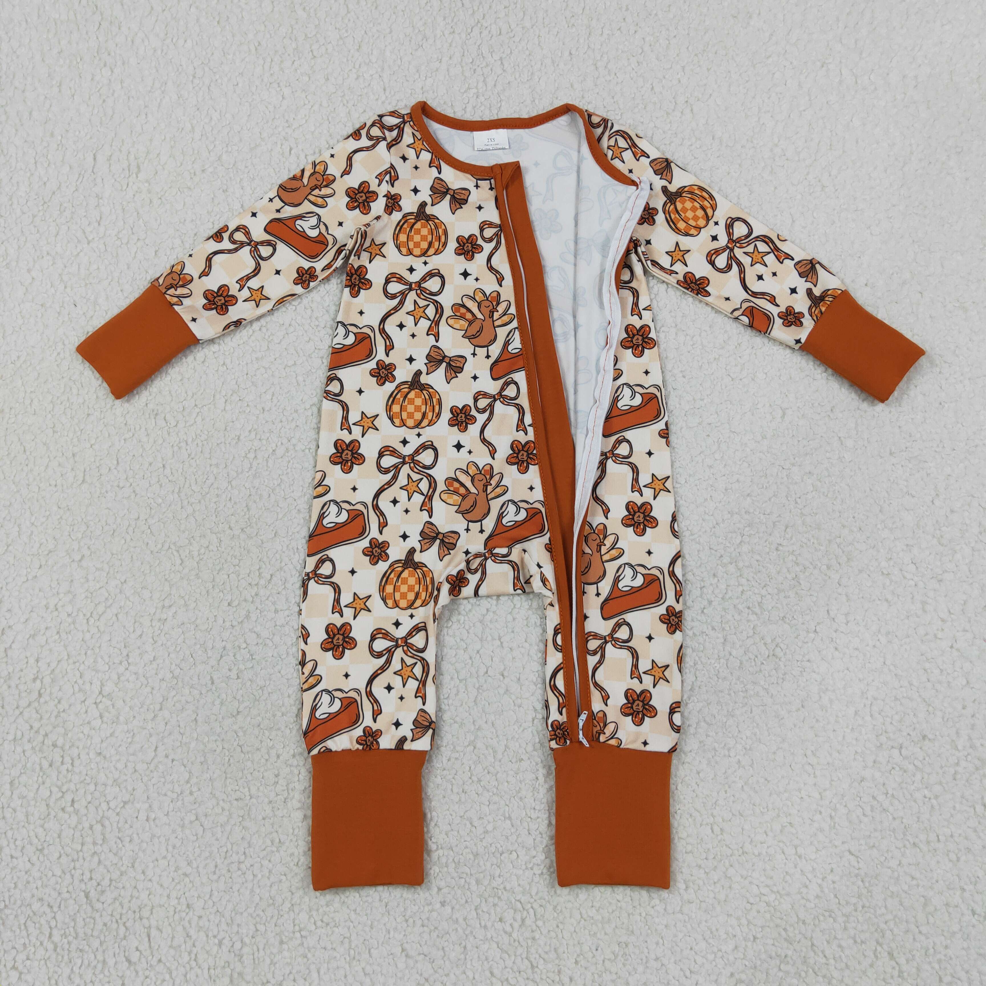 LR3119  Baby Pumpkin bows stars Turkey print long sleeve thanksgiving Rompers