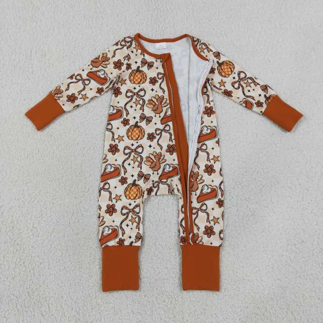 LR3119  Baby Pumpkin bows stars Turkey print long sleeve thanksgiving Rompers