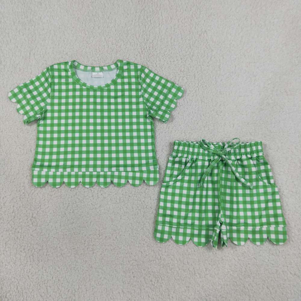 GSSO3840  green Plaid  Print sleeveless girl  scallop outfits