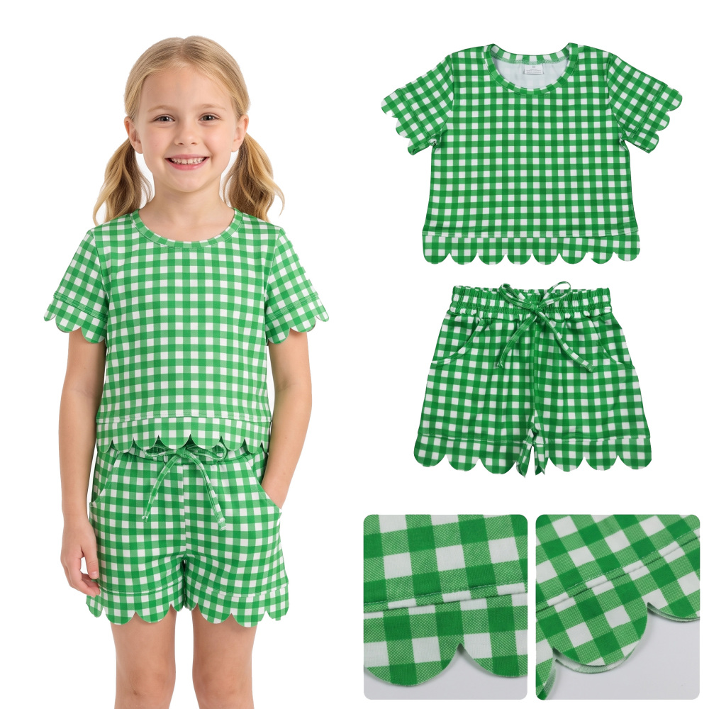 GSSO3840  green Plaid  Print sleeveless girl  scallop outfits