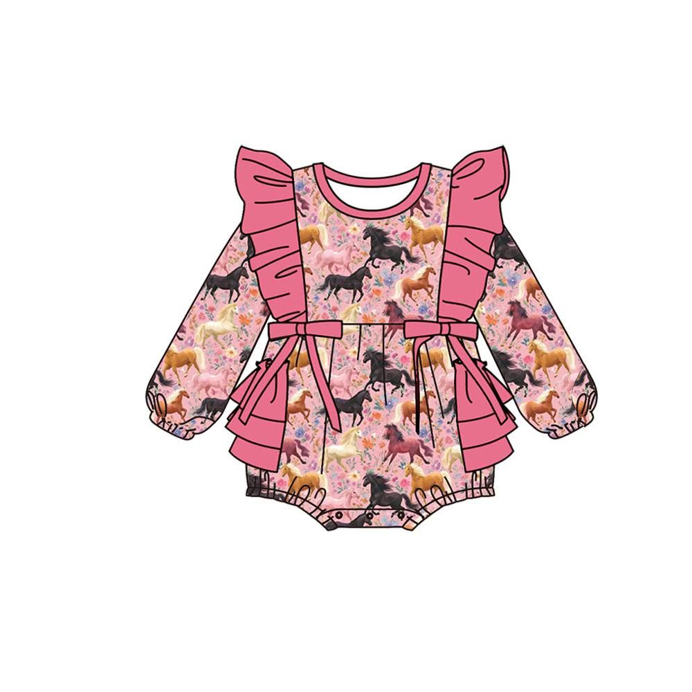 Perorder (moq is 5) LR3181 Pink flowers horse Print long sleeve dress
