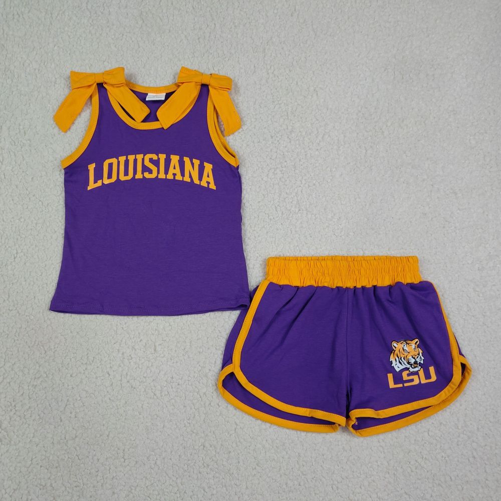 GSSO3832 Baby Girls Purple Orange Bows Sleeveless Top Short LSU Tiger Team Clothes Sets