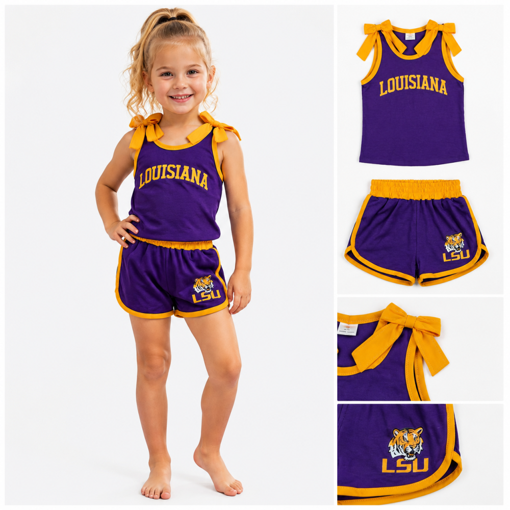 GSSO3832 Baby Girls Purple Orange Bows Sleeveless Top Short LSU Tiger Team Clothes Sets