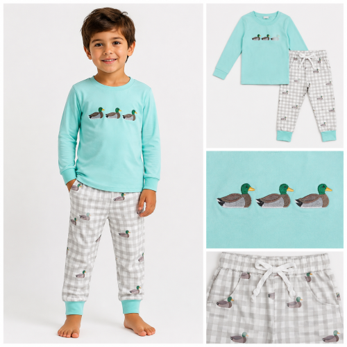 BLP1424 RTS Blue  green Duck embroidery long sleeve boy outfits
