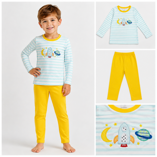 BLP1455  RTS Blue White stripe moon rocket embroidery long sleeve boy outfits