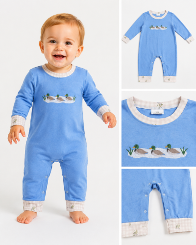 LR3007 Baby Blue Duck embroidery Long sleeve fall Rompers