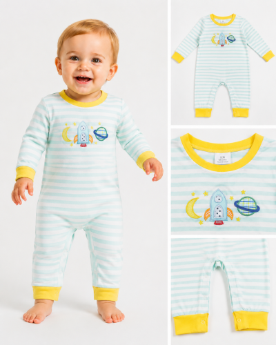 LR3063 Baby Blue white stripe moon rocket embroidery Long sleeve fall Rompers