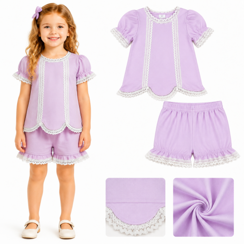 GSSO3681 Baby girl Purple solid floral lace trim  print summer set